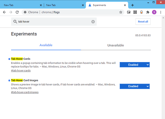 enable tab hover card image in chrome