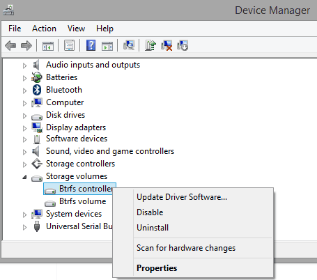 uninstall btrfs disk controller drivers from Windows