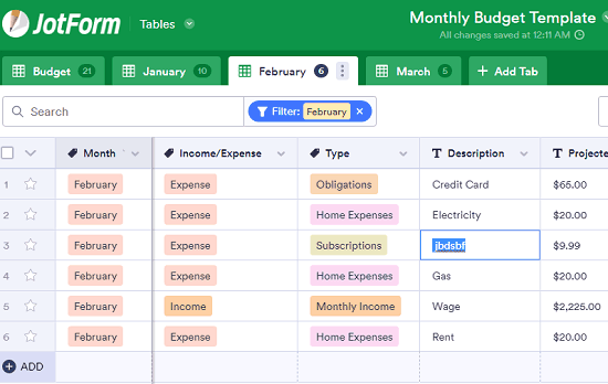 Jotform Table editing