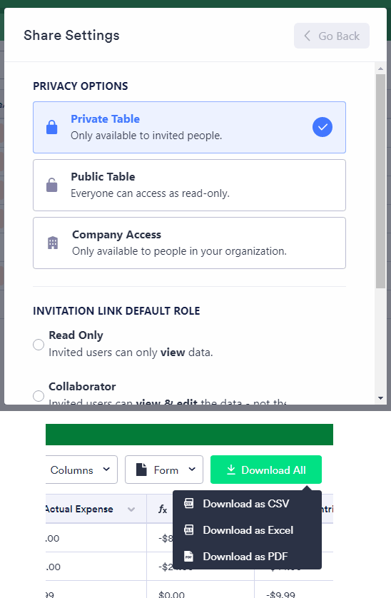 Jotform Table share and download