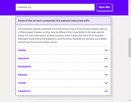 list services with trackers on a website