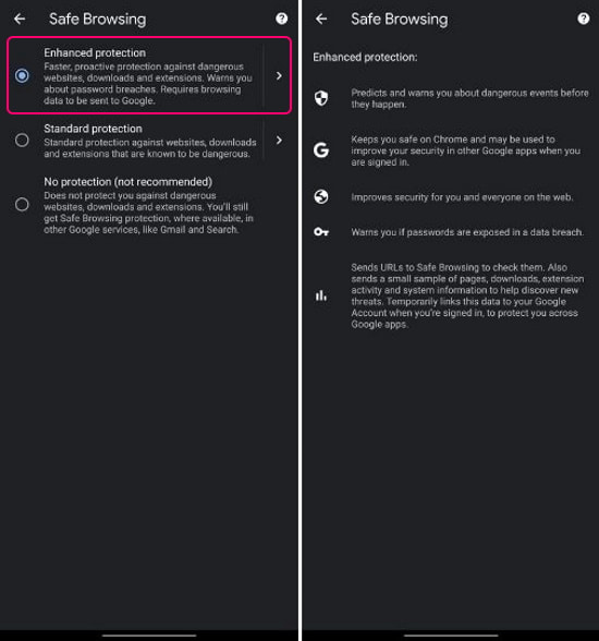 enhanced website protection on Chrome for android
