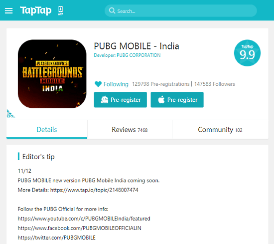 pre-register pubg mobile india on taptap