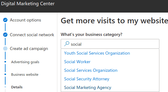 Specify website type microsoft digital marketing center