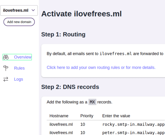 ilovefrees mailway domain DNS configuration