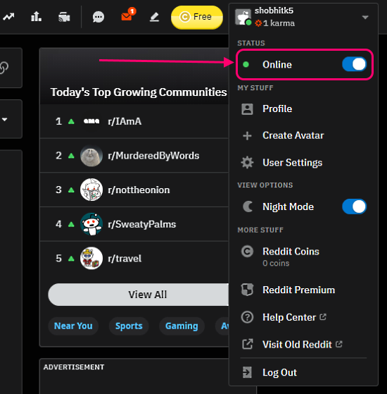 hide reddit online status on pc