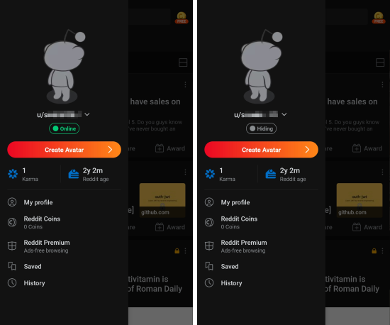 hide reddit online status on phone