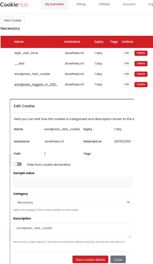 CookieHub Cookie Settings