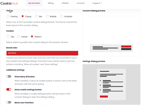 CookieHub look and feel settings