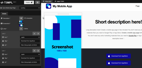 Free Landing Page Builder for iOS and Android Apps T3MPL