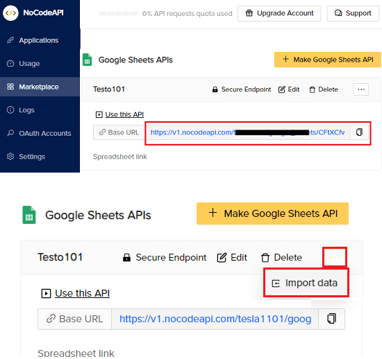 NoCodeAPI endpoint URL and import data