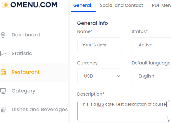 Omenu Create a restraunt