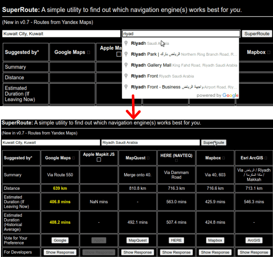 SuperRoute enter start and ending location