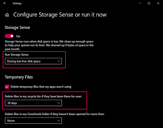 automatically empty recycle bin with storage sense