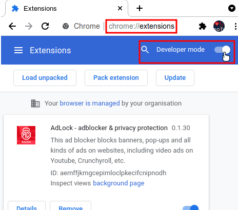 Chrome extensions page