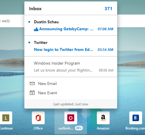 Outlook Smart Tile in Microsoft Edge