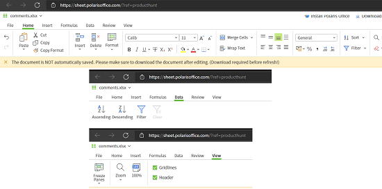 Polaris Office Web Sheets tabs