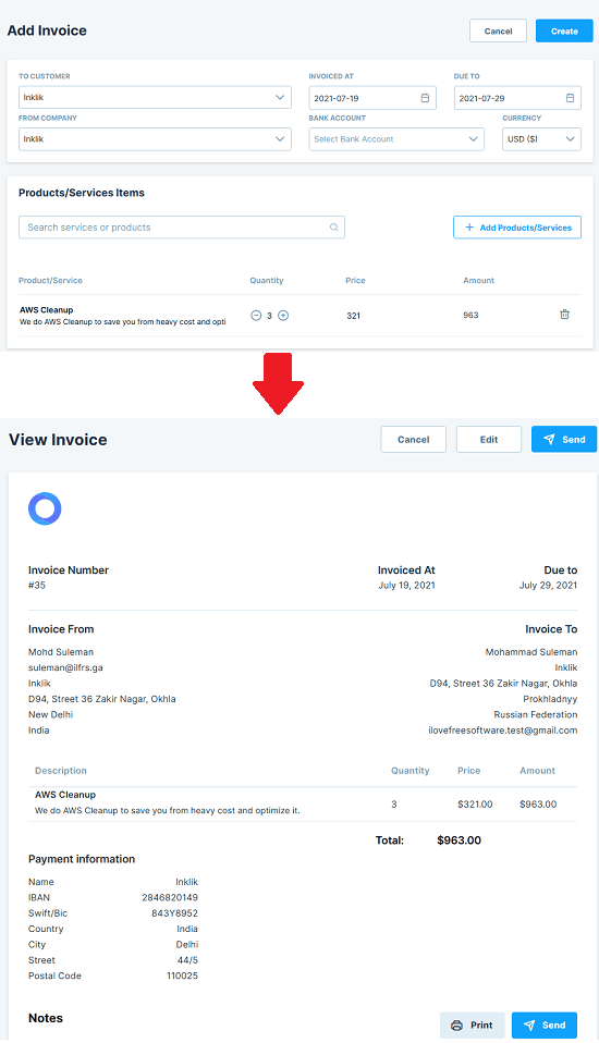 Oklyx invoice created