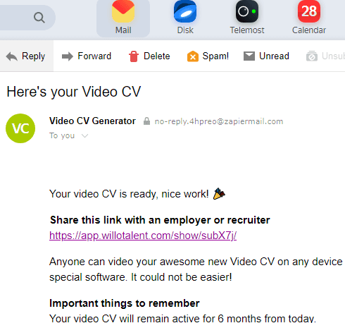 Willo Video CV Link Emailed