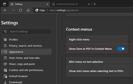 Enable Save as PDF in Edge