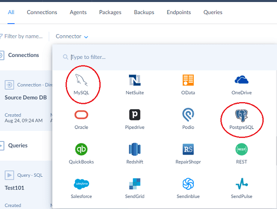 Skyvia Databse Types to Connect to