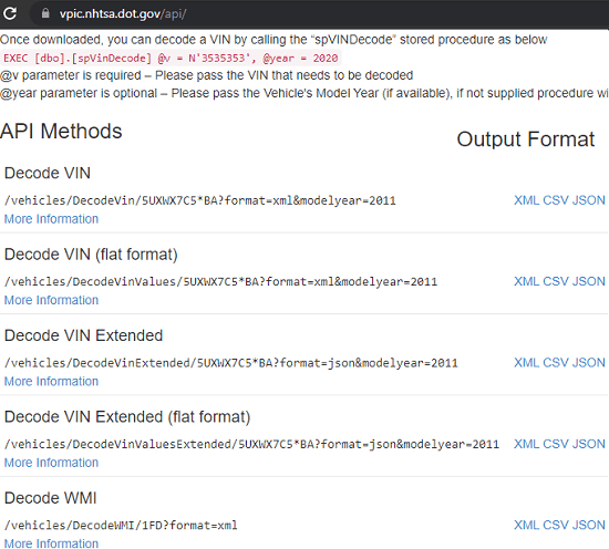 NHTSA VIN Decoder API