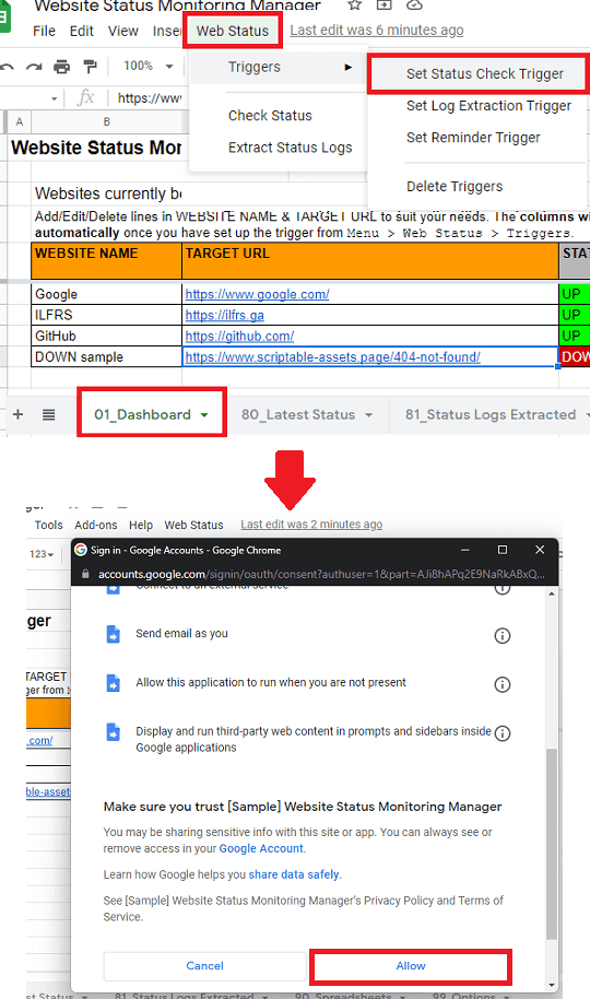 Set Trigger for website uptime monitoring