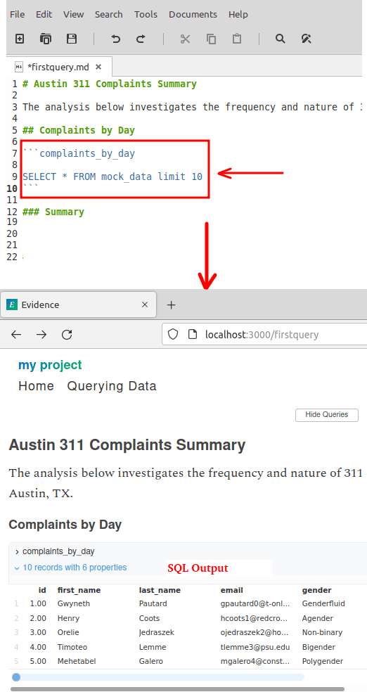 evidence sample markdown with SQL