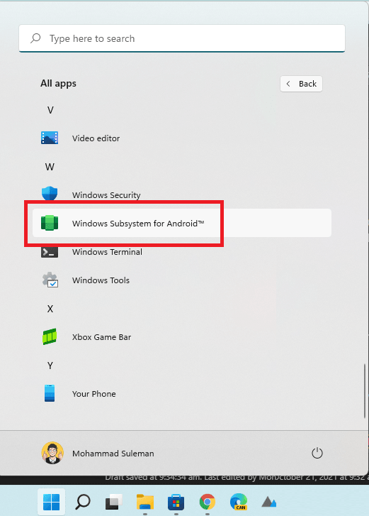 Windows Subsystem for Android in Start Menu