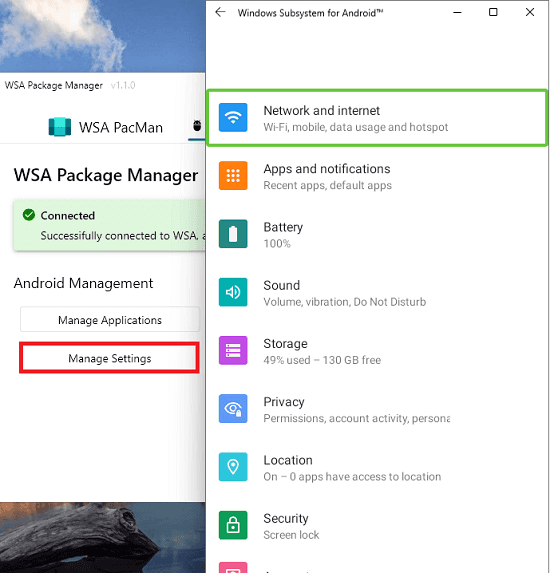 Manage Settings WSA Pacman