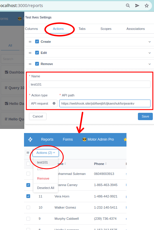 Motor Admin Custom Actions