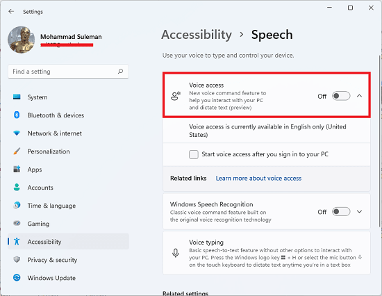 Windows 11 Voice Access