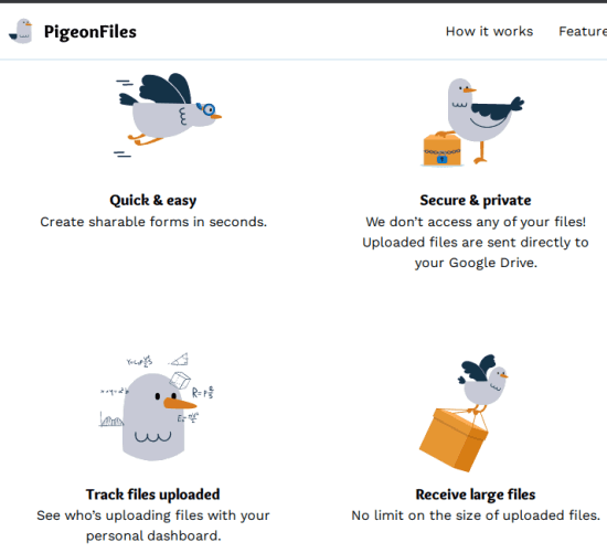 Create Google Drive Uploader Pages Free to Receive Large Files: PigeonFiles