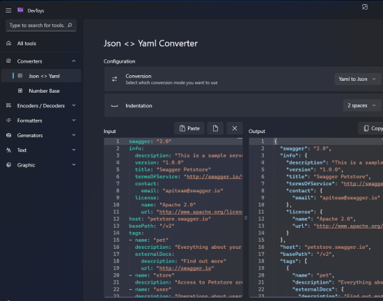DevToys JSON to YAML Converter