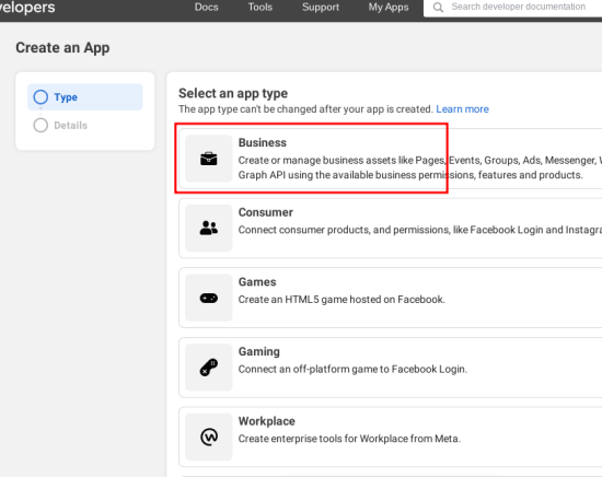 Facebook App Business Type