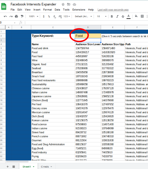 Google Sheet Pulls Facebook Audience Interests 2