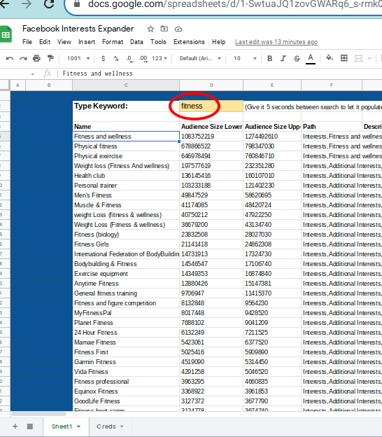 Google Sheet Pulls Facebook Audience Interests