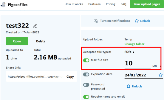 PigeonFiles Uploader Page Settings