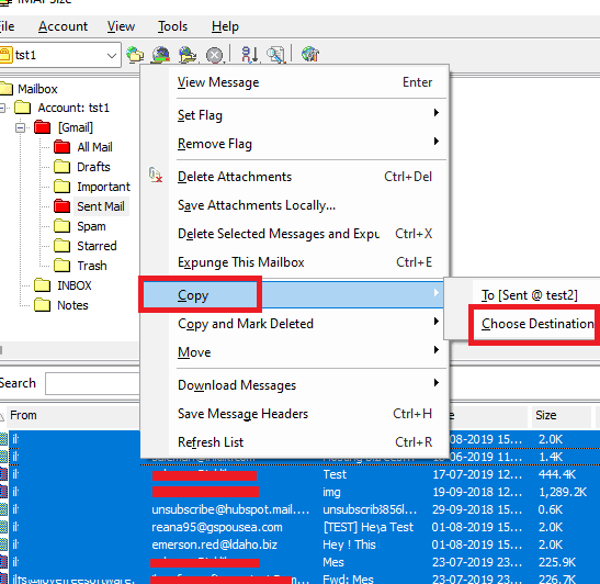 IMAPSize Choose Destination