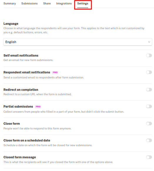 Tally form settings