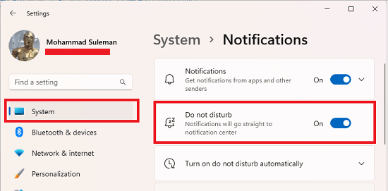 Windows 11 Do not disturb