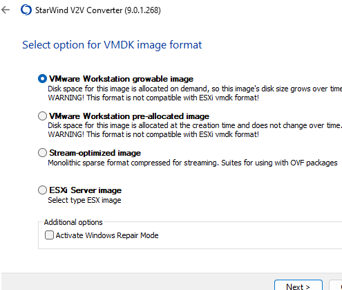 StarWind V2V Converter VMDK Option