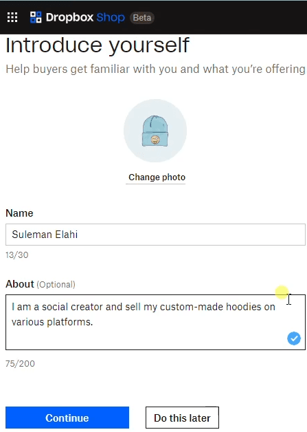 dropbox shop Create Seller PRofile