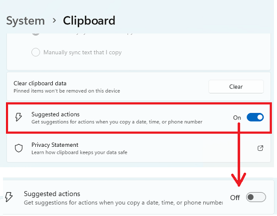 Suggested Actions Turned Off Windows 11