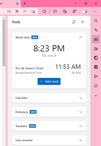 Enable Microsoft Edge Tools Unit Converter, Translator, Speed Test, Word Clock