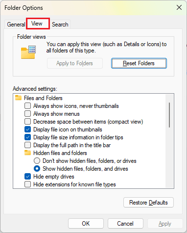 Folder Options View Tab