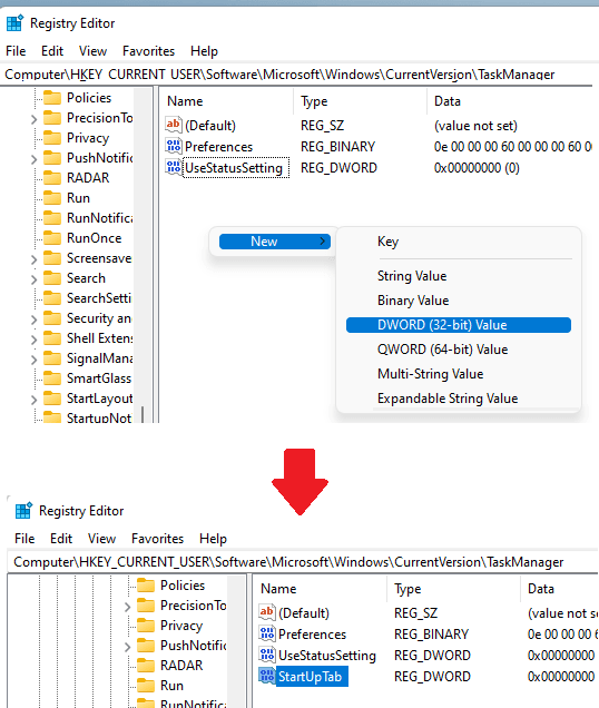 Create StartUpTab Key