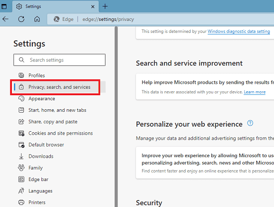 Edge Privacy Settings