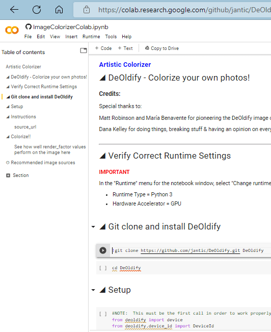 Google Colab Colorizer Notebook