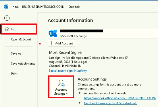 Outlook Account Settings